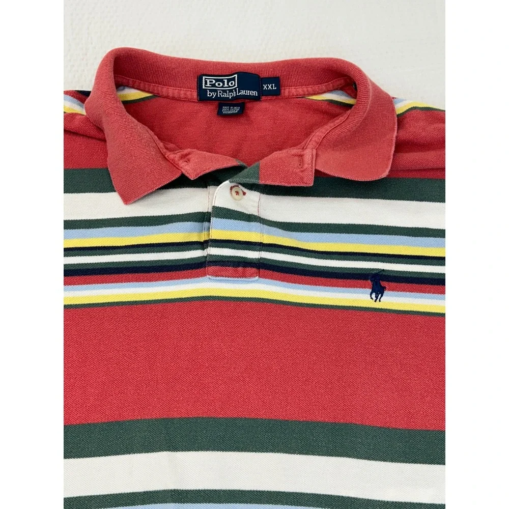 Polo Ralph Lauren Mens XXL Red Multi Color Striped Cotton Mesh Polo Shirt‎